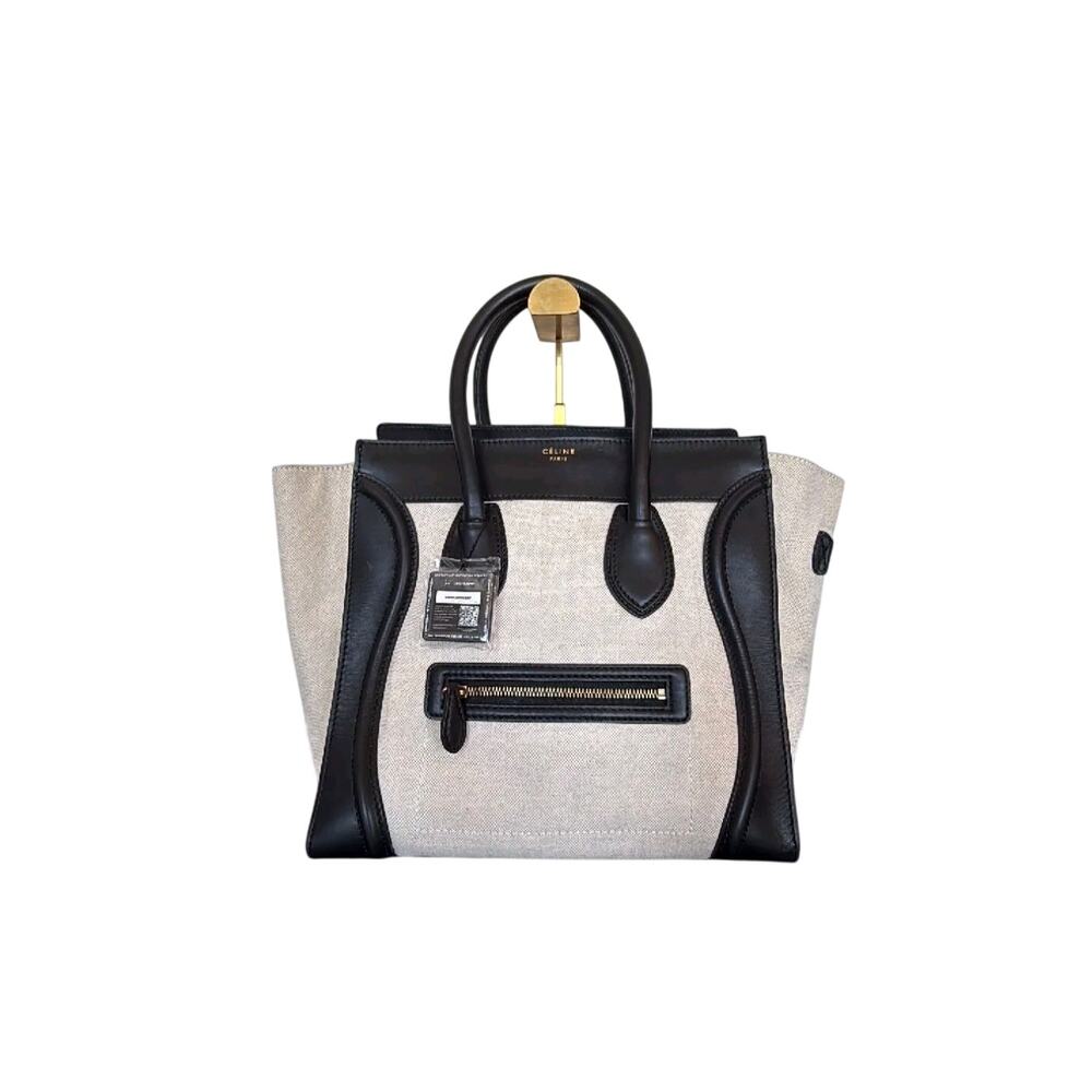 CELINE Mini Luggage Tote Canvas Black Leather Handbag